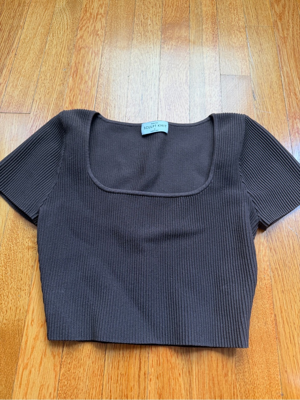 Babaton Dark Brown Square Neck Ribbed Crop Top